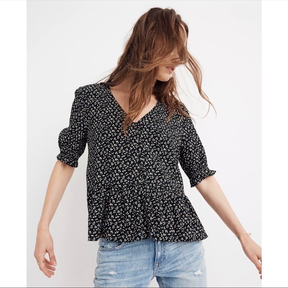 Madewell Black Floral V-Neck Peplum Blouse